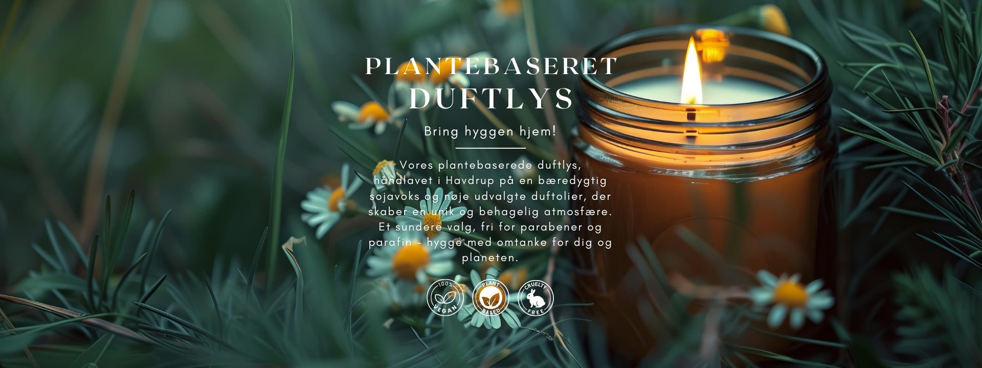 A lit plant-based scented candle in a brown glass jar, placed among fresh green branches and small chamomile flowers. The text highlights the candle's sustainable ingredients and benefits, such as being vegan, plant-based, and cruelty-free, creating a cozy ambiance.